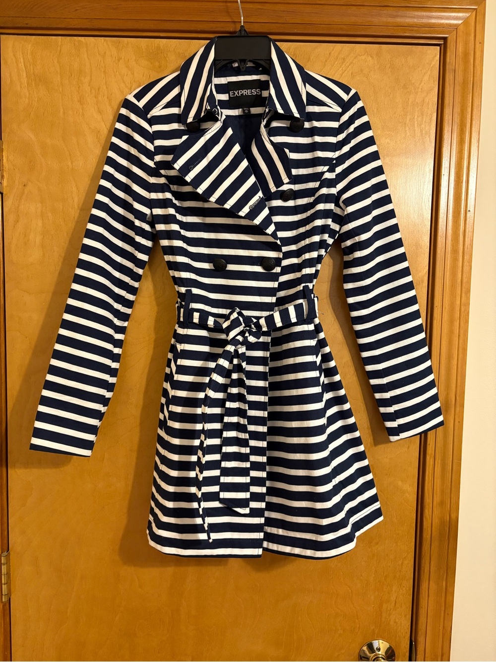 Express Navy & White Double Breasted Trench Coat